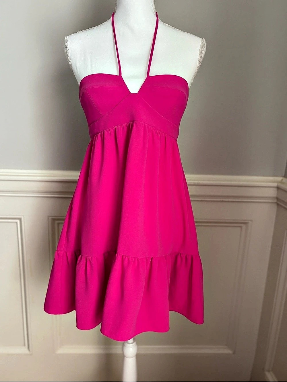 Amanda Uprichard “Greta Minidress” in Hot Pink Haltered Neckline with Ruffled He